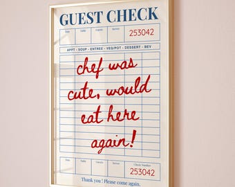 Chef Was Cute Would Eat Here Again Guest Check Print, Trendy Kitchen Art, Minimal Kitchen Poster, Chef Art Print, Restaurant Art, Gift Idea