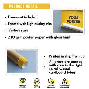 Pu&ograve; includere: Un poster arrotolato con il testo "YOUR POSTER" &egrave; in mostra. I dettagli del prodotto includono "Cornice non inclusa", "Stampato con inchiostri di alta qualit&agrave;" e "Carta per poster da 210 g/m&sup2; con finitura lucida."