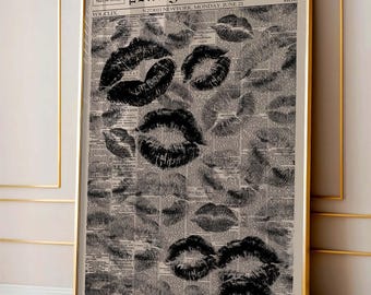 Vintage Lips Signature Newspaper Poster, Vintage Newspaper Print, Funky Girly Wall Decor, Preppy Aesthetic Wall Art, Canvas Wall Decor