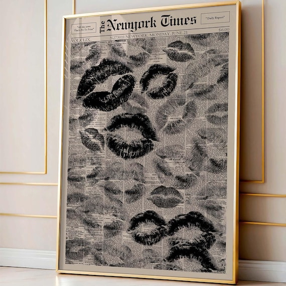 Vintage Lips Signature Newspaper Poster, Vintage Newspaper Print, Funky Girly Wall Decor, Preppy Aesthetic Wall Art, Canvas Wall Decor