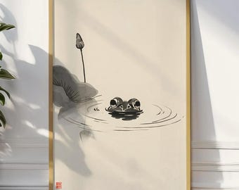 Japanese Frog Poster, Lotus Pond Wall Art, Vintage Frog Print, Zen Nature Illustration, Traditional Japanese Decor
