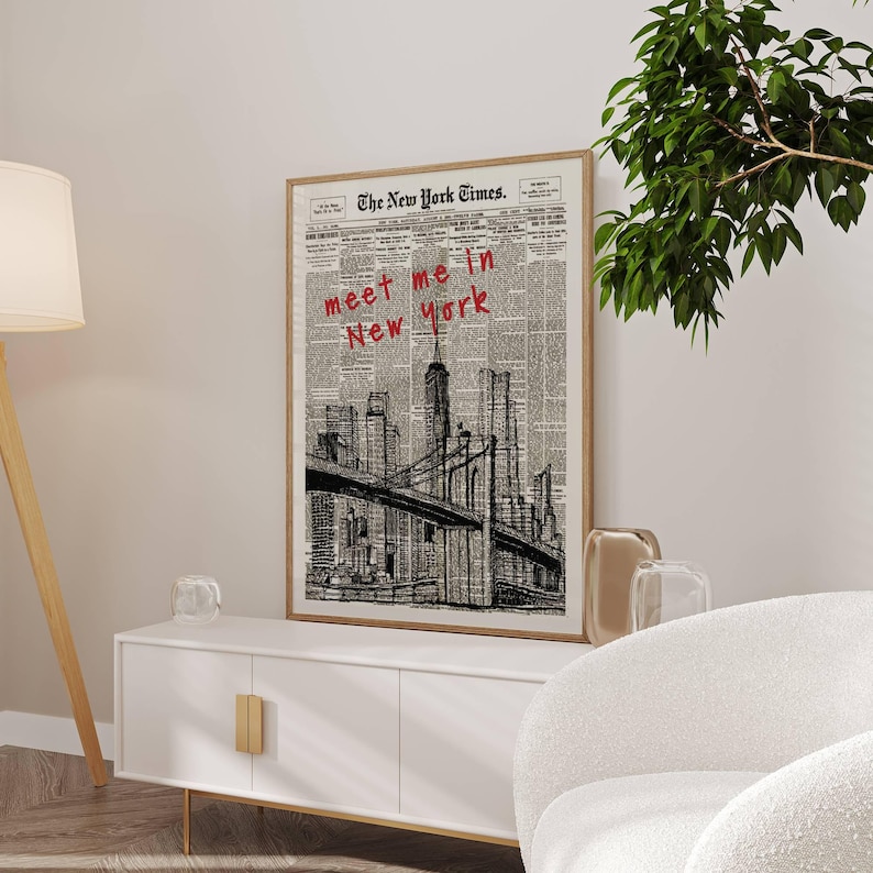 Retro Meet Me in New York Newspaper Print, New York City Art Print, Bar Cart Art, Typography Quote Print, Trendy Wall Art, NYC Digital Print
