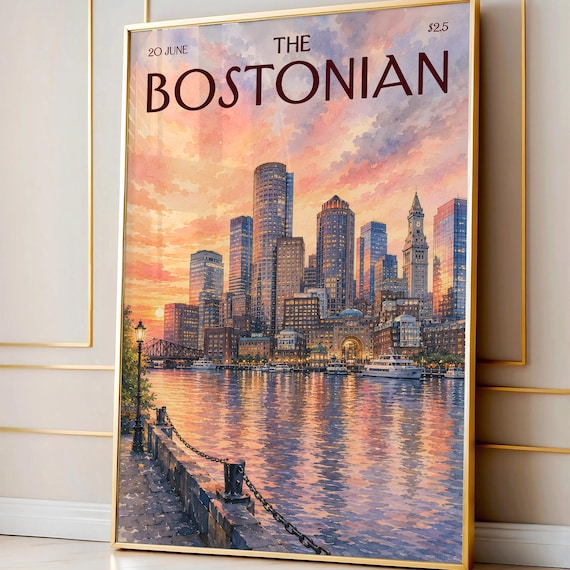 Vintage The Bostonian Print, Retro Boston Sunset Cityscape Art, Watercolor Boston City Wall Art for Dorm & Bedroom