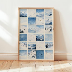 Vintage Blue Ski Grid Print,Tiny People Ski Wall Art, Vintage Après Ski Poster,Girl Room Decor, Ski Lover Gift, Mid Century Modern Art Decor