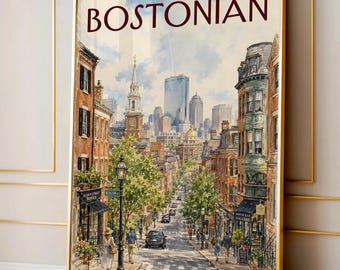 Vintage The Bostonian Print, Watercolor Boston Cityscape Art, Retro Boston City Street Wall Art for Dorm & Bedroom