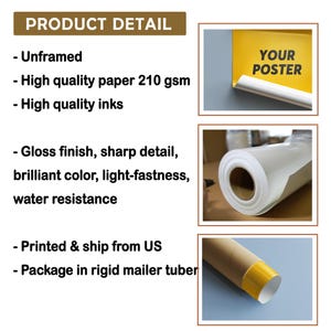 K&ouml;nnte beinhalten: Produktdetail-Grafik mit Text: Ungerahmt, hochwertiges Papier 210 g/m&sup2;, hochwertige Tinten, Glanzfinish, scharfe Details, brillante Farben, Lichtechtheit, Wasserbest&auml;ndigkeit. Enth&auml;lt ein gerolltes Poster mit dem Text "YOUR POSTER".