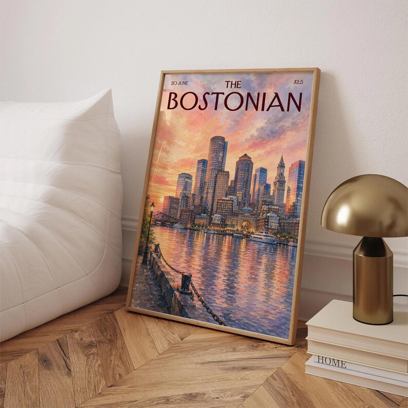 Vintage The Bostonian Print, Retro Boston Sunset Cityscape Art, Watercolor Boston City Wall Art for Dorm & Bedroom