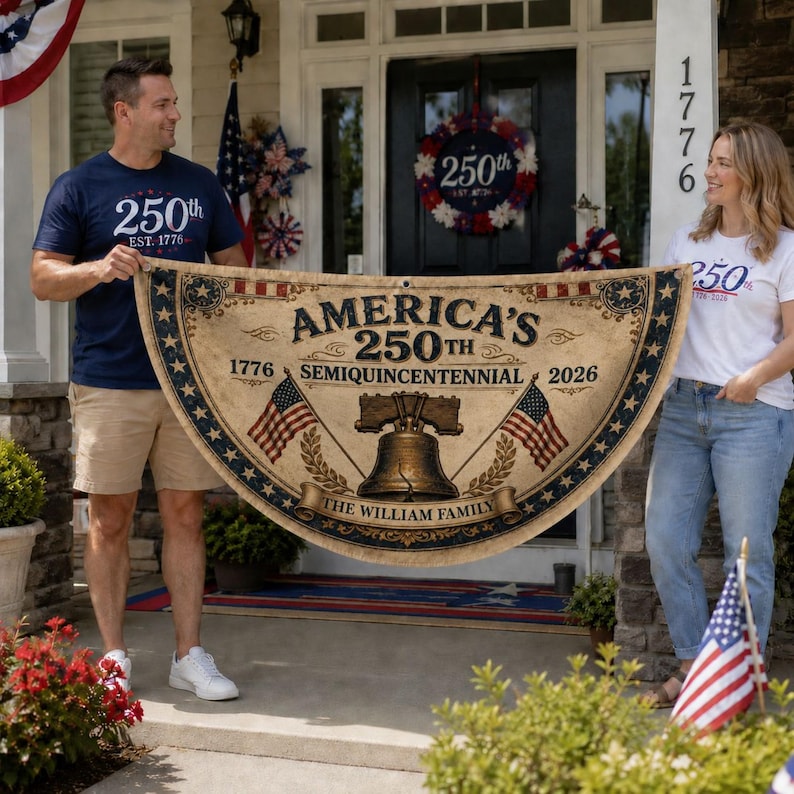 May include: A decorative banner celebrating America's 250th anniversary, featuring the text "America's 250th" and "1776 Semiquincentennial 2026". The banner includes illustrations of the Liberty Bell and American flags, with a vintage design.