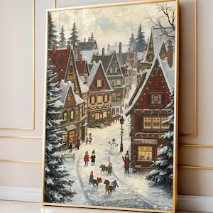 Vintage Weihnachtsstadt Zeitschriften-Titelseiten-Plakat, verschneite Winterdorf-Kunst, Feiertags-Kunstdruck Weihnachtswand-Kunst-moderne ästhetische Weihnachtsdruck