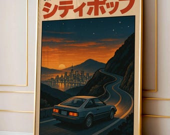 May include: Framed art print featuring a vintage car driving on a winding road towards a city skyline at sunset. The artwork has Japanese text at the top and a price tag. The color palette includes shades of orange, blue, and gray.