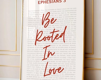 Be Rooted In Love Bible Verse Wall Art, Ephesians 3 Scripture Print Hand Scripted, Minimalist Bible Verse Wall Art, Christian Wall Decor