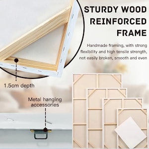 Pu&ograve; includere: Primo piano di una robusta cornice in legno rinforzato per arte su tela. La cornice &egrave; profonda 1,5 cm e presenta accessori metallici per appenderla. Il testo recita: "STURDY WOOD REINFORCED FRAME". La cornice &egrave; fatta a mano.