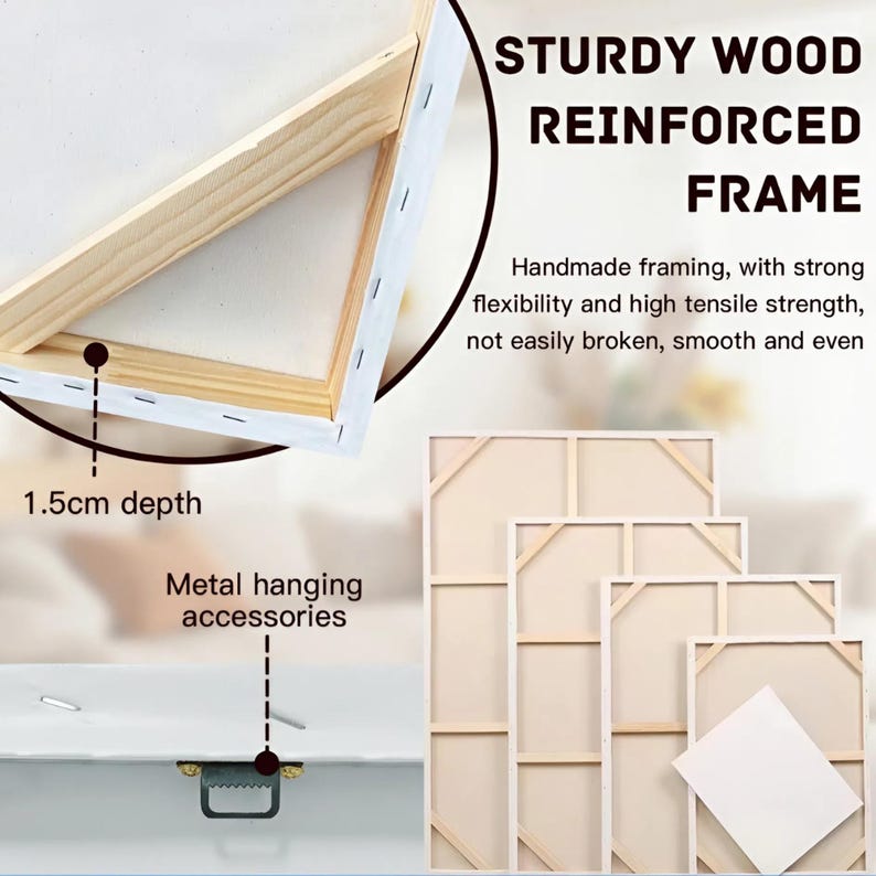 Pu&ograve; includere: Primo piano di una robusta cornice in legno rinforzato per arte su tela. La cornice &egrave; profonda 1,5 cm e presenta accessori metallici per appenderla. Il testo recita: "STURDY WOOD REINFORCED FRAME". La cornice &egrave; fatta a mano.