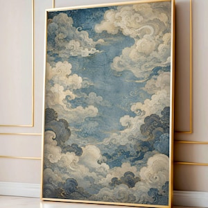 Japanese Cloud Poster, Blue Gold Sky Wall Art, Vintage Cloudscape Woodblock Style Print, Zen Nature Illustration, Traditional Japanese Decor