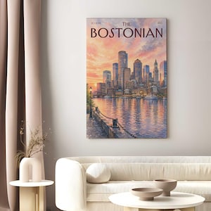 Vintage The Bostonian Print, Retro Boston Sunset Cityscape Art, Watercolor Boston City Wall Art for Dorm & Bedroom