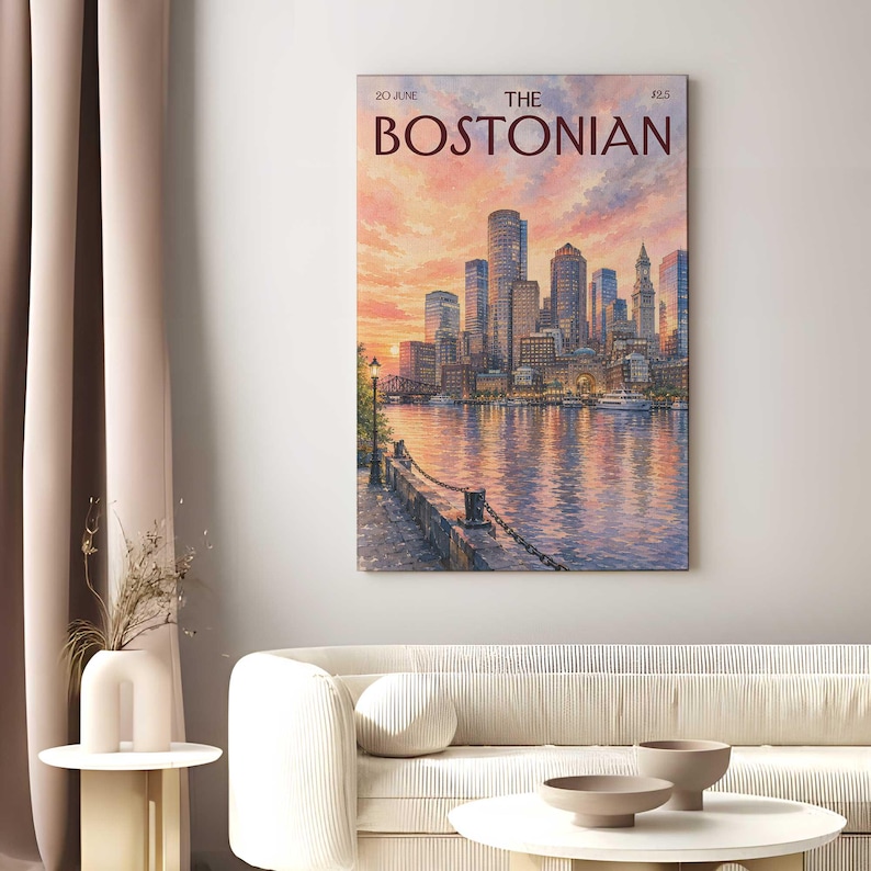 Vintage The Bostonian Print, Retro Boston Sunset Cityscape Art, Watercolor Boston City Wall Art for Dorm & Bedroom