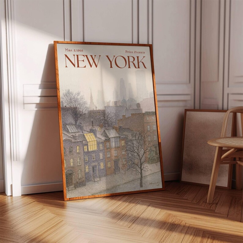May include: A framed vintage New York magazine cover illustration. The artwork shows a cityscape with buildings and trees in muted tones. The text reads "Mar. 2, 1968" and "NEW YORK". The frame is a warm brown colour.