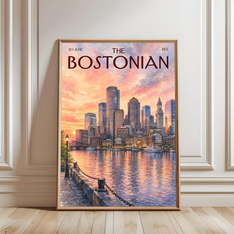 Vintage The Bostonian Print, Retro Boston Sunset Cityscape Art, Watercolor Boston City Wall Art for Dorm & Bedroom