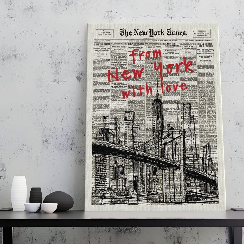 Custom Retro New York Newspaper Print, New York City Art Print, Bar Cart Art, Typography Quote Print, Trendy Wall Art, NYC Digital Print