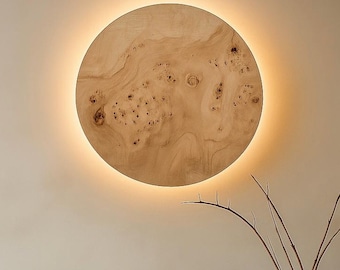 Burl Poplar Wood Wall Light: Round LED Sconce - Japandi Lighting