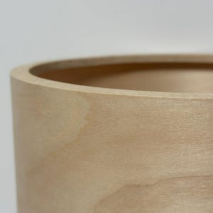 May include: Close-up of a light-colored wooden container. The cylindrical shape has a smooth, natural wood grain texture. The rim is rounded, and the interior is visible, suggesting a vessel for storage or display.