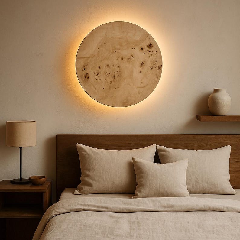 May include: A round, wooden wall light with a warm, glowing backlight. The light fixture is mounted above a bed with beige bedding and pillows. A bedside table with a lamp and a small bowl is on the left.