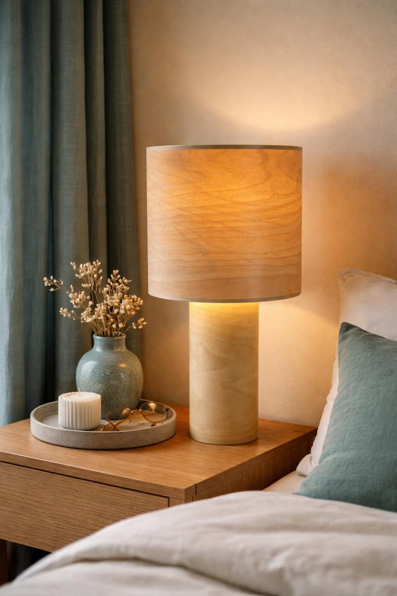 Japandi Table Lamp: Handmade Natural Wood Bedside Light image 8