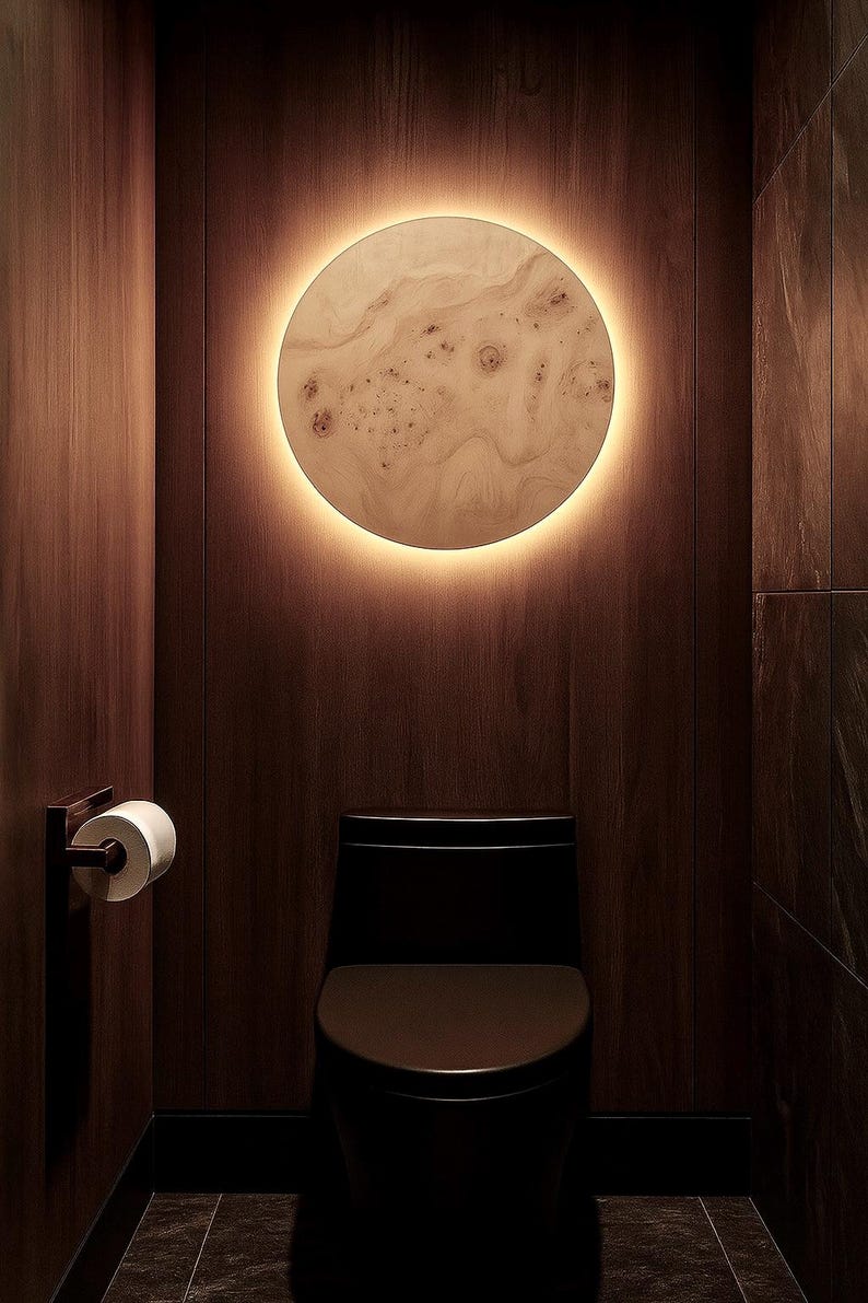 May include: A modern bathroom interior featuring a black toilet and a round wooden wall light with a warm, glowing perimeter. The walls are paneled with dark wood, creating a luxurious and inviting atmosphere. A roll of toilet paper is mounted on the wall.