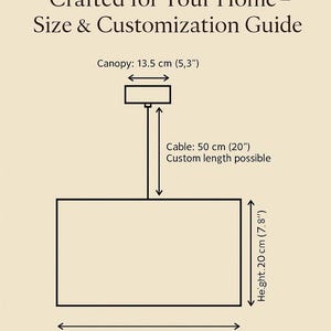 May include: Diagram of a rectangular light fixture with dimensions. The canopy is 5.3 inches wide, the cable is 20 inches long, and the height is 7.8 inches. The diameter ranges from 10 to 36 inches. Text reads: Crafted for Your Home - Size & Customization Guide.
