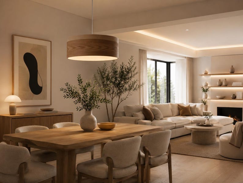 May include: A cylindrical wooden pendant light fixture hangs above a rectangular wooden dining table. The table is surrounded by four upholstered chairs and features a ceramic vase with green foliage and a small yellow bowl on its surface.