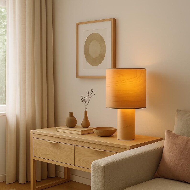 May include: A wooden table lamp with a cylindrical base and a lampshade. The lamp sits on a light wood table with two drawers. A framed print with a circular design hangs on the wall. Decorative vases and a bowl are on the table.
