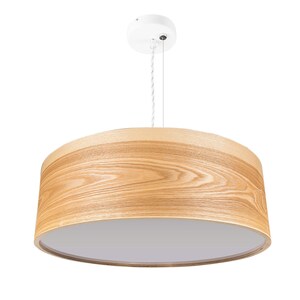 May include: A cylindrical pendant light fixture featuring a light-toned wood grain veneer shade. The lamp is suspended by a thin white cord and a matching white circular ceiling canopy, with a flat white diffuser panel covering the bottom opening.