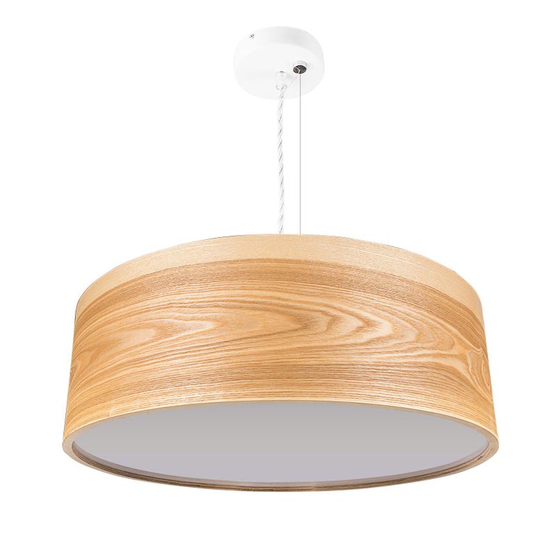 May include: A cylindrical pendant light fixture featuring a light-toned wood grain veneer shade. The lamp is suspended by a thin white cord and a matching white circular ceiling canopy, with a flat white diffuser panel covering the bottom opening.