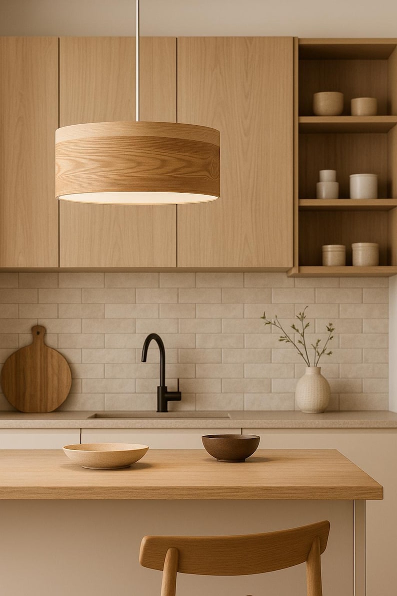 May include: A modern kitchen interior featuring a wooden pendant light, cabinets, and a countertop. A black faucet and a cutting board are visible. Two bowls and a vase with greenery are on the countertop. The color palette is neutral with warm wood tones.