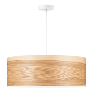 May include: A modern pendant light fixture with a cylindrical lampshade made of light-colored wood grain. The fixture is suspended from a white ceiling mount by a white cord. The lampshade has a warm, natural wood tone.