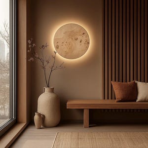 May include: A modern interior with a warm, neutral color palette. A large, round wooden light fixture is mounted on the wall. A wooden bench with two pillows sits below the light. A large vase with branches and a smaller vase are on the floor.