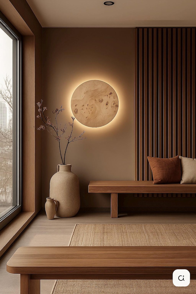May include: A modern interior with a warm, neutral color palette. A large, round wooden light fixture is mounted on the wall. A wooden bench with two pillows sits below the light. A large vase with branches and a smaller vase are on the floor.