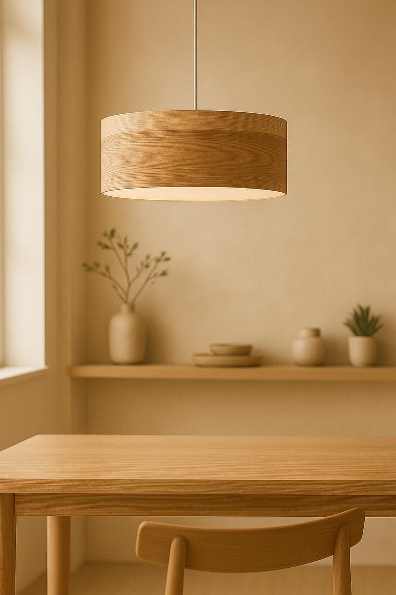 May include: A cylindrical pendant light fixture with a light-toned wood grain finish. The lamp features a smooth, circular frame suspended by a thin metal rod, providing a downward-facing light source with a clean, uniform appearance.