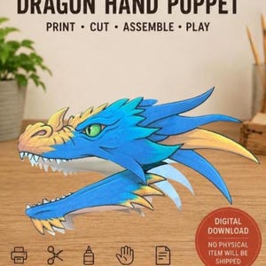 Modello PDF per burattino a mano a forma di drago / Modello per burattino a forma di drago / Burattino di carta fai da te / Download digitale / Lavoretto per bambini / Progetto fantasy stampabile