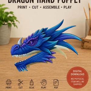 Puede incluir: Una marioneta de mano de dragón azul con detalles en morado, cuernos afilados y escamas detalladas. El texto dice DRAGON HAND PUPPET, PRINT, CUT, ASSEMBLE, PLAY y DIGITAL DOWNLOAD NO PHYSICAL ITEM WILL BE SHIPPED, con iconos de impresión y PDF.
