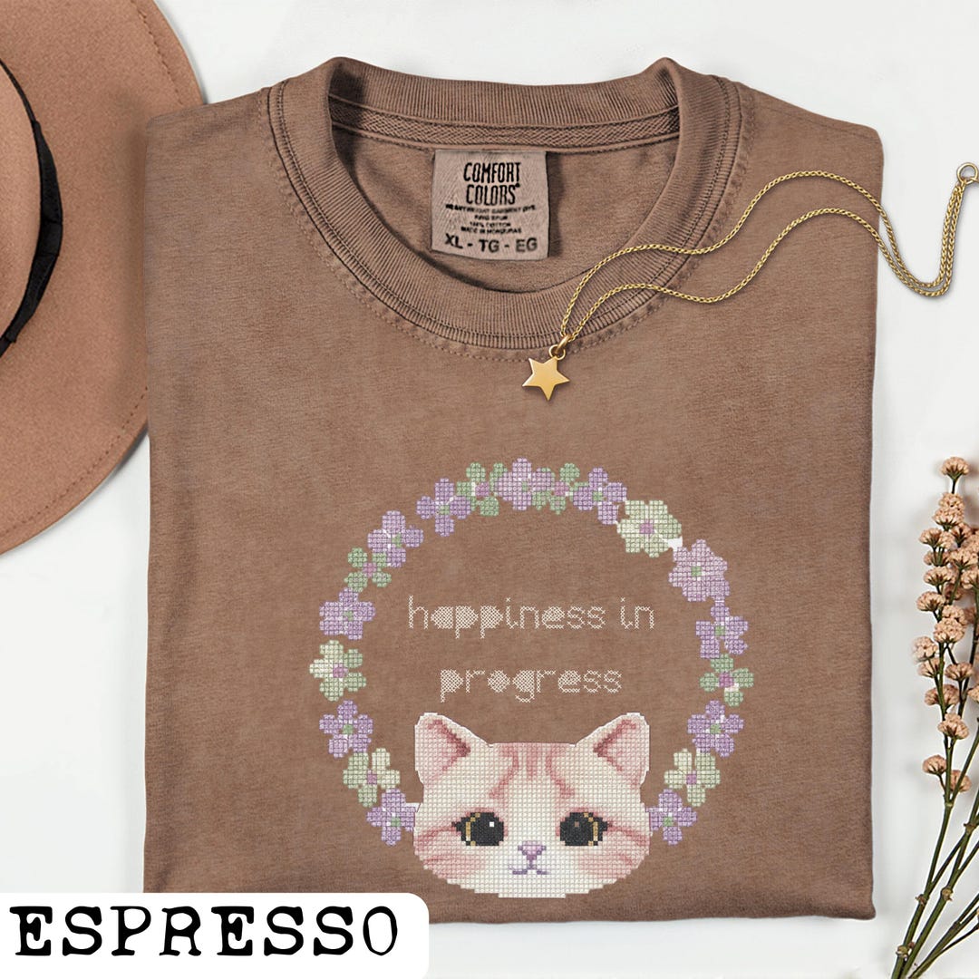 Happiness in Progress Cat Cross Stitch Style Shirt, Embroidered ...