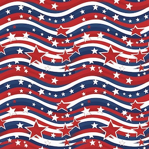 May include: A patriotic design featuring red, white, and blue wavy stripes with scattered white stars and outlined red stars. The pattern evokes a sense of celebration and national pride, suitable for various themed products.