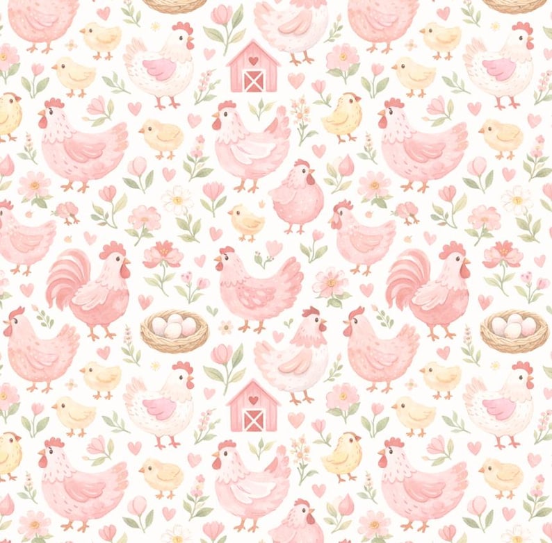 Pink Farm Pattern Cute Pink Hen and Chicks on the Farm Cotton Fabric, 100% Cotton Fabric ...