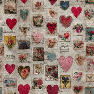 Può includere: Una carta a motivi che presenta un collage di varie forme di cuore e vignette rettangolari. Il design include cuori rossi e rosa a tinta unita, illustrazioni floreali, testo in stile vintage e disegni botanici su uno sfondo bianco sporco testurizzato.