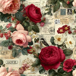 Tecido sem costura com estampa floral vitoriana – Rosa vermelha escura, algodão, vendido por meio metro (1/2 jarda), 100% algodão, ideal para projetos DIY.