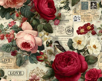 Victorian Floral Ephemera Seamless Fabric – Deep Red Rose Cotton by Half Yard , 100% cotton fabric, sold by half yard, DIY fabric