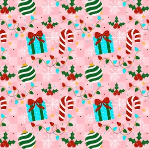 May include: A festive Christmas pattern featuring candy canes, wrapped gifts with red bows, green and white ornaments, holly, snowflakes, and string lights on a pink checkered background. This design is perfect for holiday-themed products.