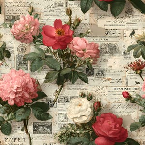 May include: A wallpaper pattern featuring a collage of vintage handwritten letters, postage stamps, and printed documents layered with illustrations of blooming roses in shades of pink, deep red, and white, accompanied by green leaves and buds.