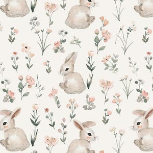 May include: A repeating pattern featuring watercolour illustrations of bunnies and flowers. The bunnies are light brown with pink accents, and the flowers are in shades of pink, peach, and white, with green stems and leaves, set against a cream background.