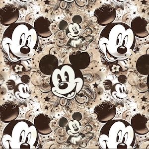 Może przedstawiać: Powtarzający się wzór z Myszka Miki w różnych pozach. Projekt zawiera duże i małe obrazy twarzy Myszki Miki, a także ilustracje całego ciała, na beżowo-brązowym tle z dekoracyjnymi wirami i gwiazdami.